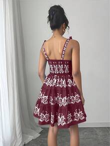 Rafferiza 复古极简刺绣系带吊带短裙 - 玫紅色 - 查看 2