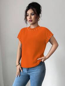 Elenzga 女士黑色圆领短袖T恤，饰有泡泡珍珠 - 橘色 - 查看 6