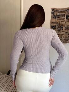 Dazy Plus 撞色蕾丝性感修身露脐长袖百搭T恤，柔和紫色，春秋季 - 淡紫色 - 查看 2