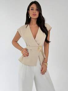 Firerie 女士金属装饰袖V领薄款西装外套，女士新款杏色V领收腰上衣，金属腰部装饰上衣，适合通勤、春秋冬三季穿着，优雅百搭，休闲日常，简约风格，适合工作场合。 - 杏色 - 查看 2