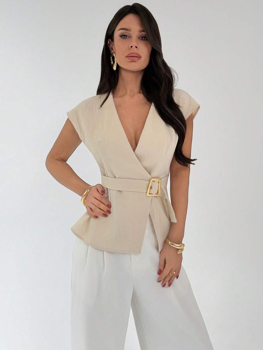 Firerie 女士金属装饰袖V领薄款西装外套，女士新款杏色V领收腰上衣，金属腰部装饰上衣，适合通勤、春秋冬三季穿着，优雅百搭，休闲日常，简约风格，适合工作场合。