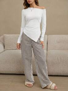 SHEIN 女士纯色不对称肩长袖上衣和条纹裤睡衣套装 - 黑色 - 查看 5