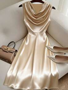 SHEIN Franclia Women's Spring/Summer Cinched Waist Sleeveless Dress, Women's Knit Satin Elastic Bodycon Dress Luxury Outfits Women Dresses Champagne Classy Dress Silk Dresses Satin Dress Elegant - Multicolor - View 5