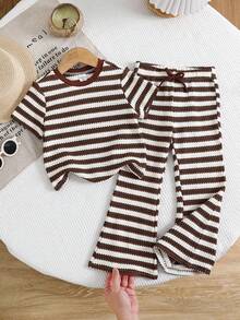 SHEIN 2pcs/Set Young Girl Knitted Striped Round Neck T-Shirt And Fitted Flare Pants Outfit - Mocha Brown - View 2