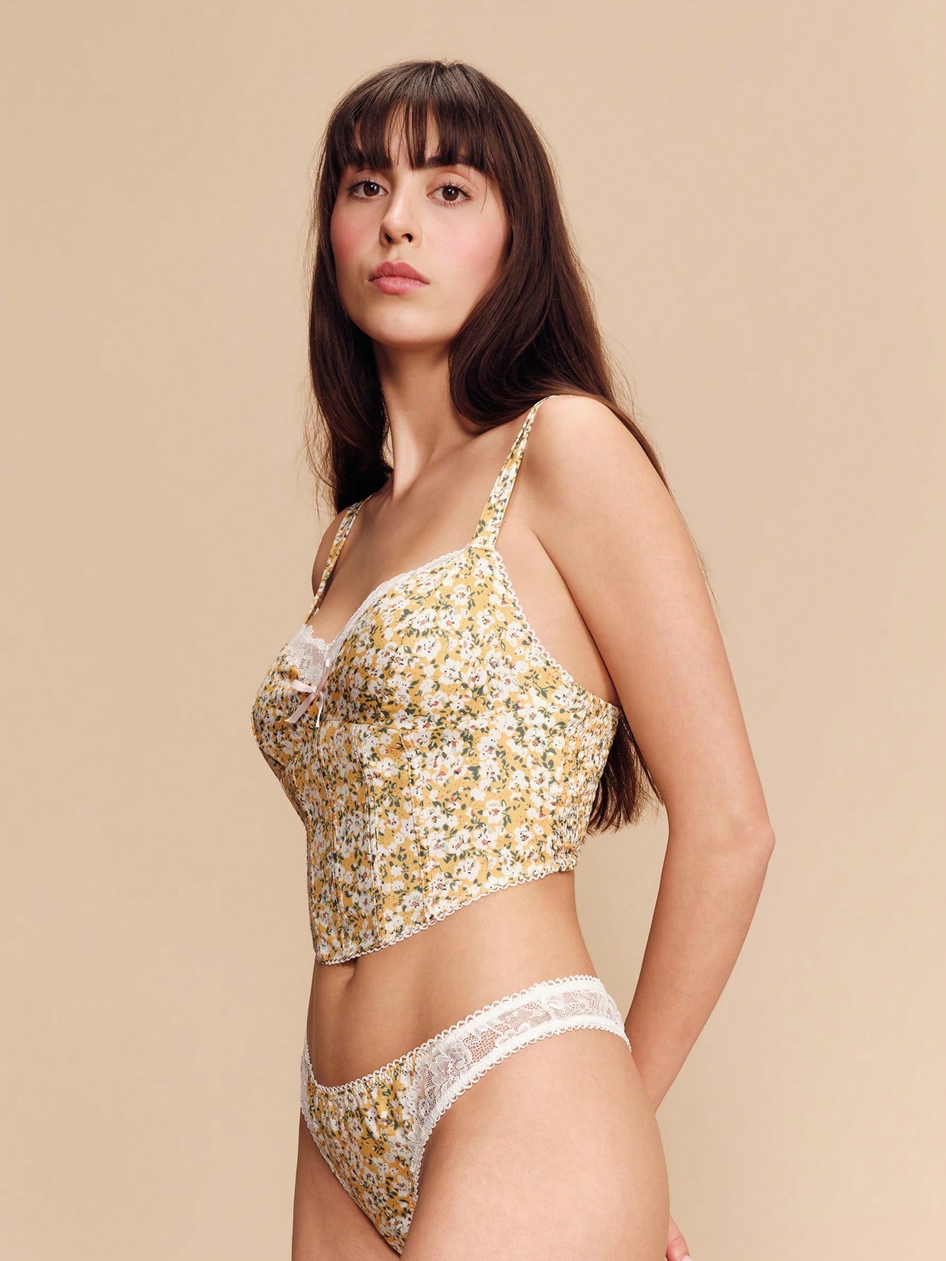 Yellow Vintage Floral Print Corset Top With Matching Pants Lingerie Set Cute Romantic Spring Summer French Style Parisian Style Vintage Floral Homewear