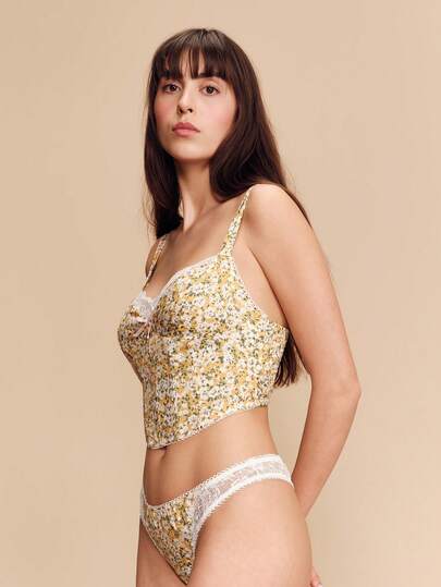 lacRébo Yellow Vintage Floral Print Corset Top With Matching Pants Lingerie Set Cute Romantic Spring Summer French Style Parisian Style Vintage Floral Homewear