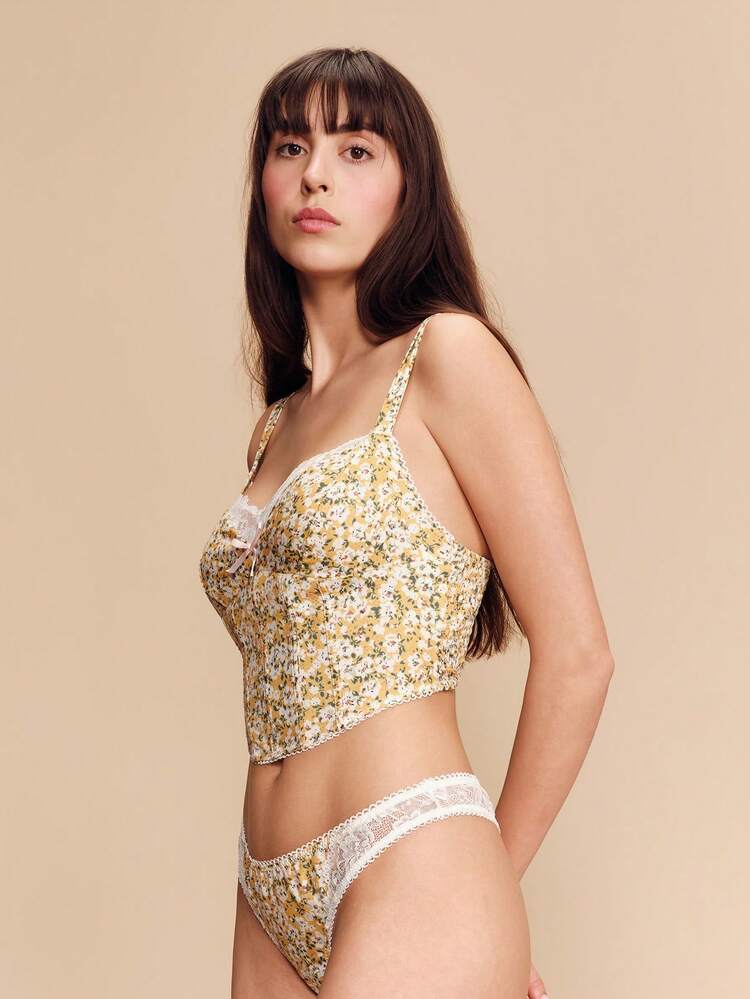 Yellow Vintage Floral Print Corset Top With Matching Pants Lingerie Set Cute Romantic Spring Summer French Style Parisian Style Vintage Floral Homewear