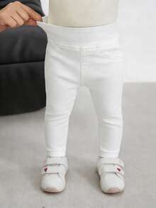SHEIN Baby Girls' Solid Color Casual Everyday Minimalist Design Jeans - White - View 7