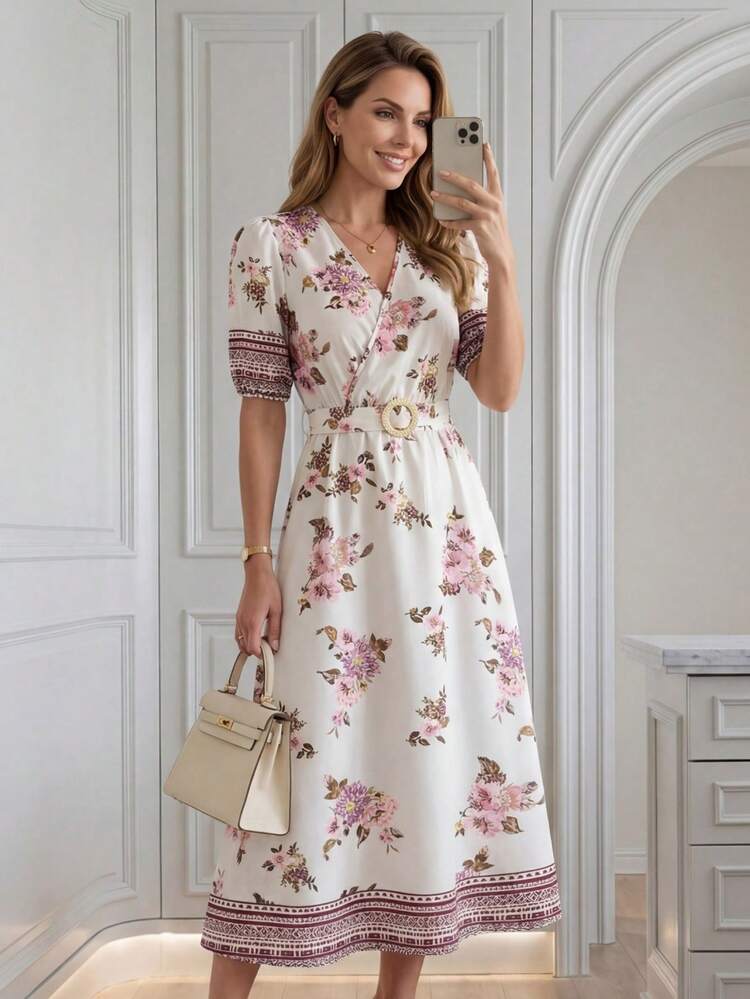 Vestido de Verão Elegante Feminino com Estampa Floral e Geométrica, Conjunto de Férias para Mulheres, Vestido de Primavera e Verão, Vestido Comprido até o Joelho, Vestido de Férias, Vestido para Sair