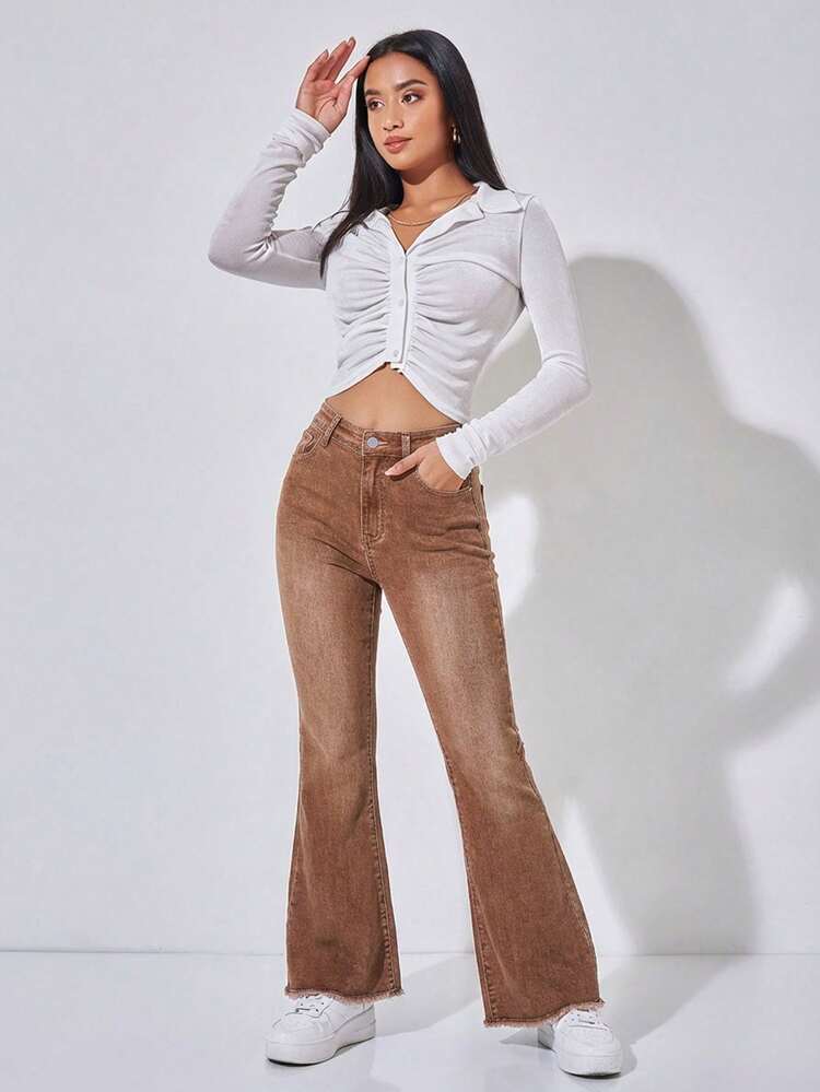 SHEIN PETITE 休闲水洗复古喇叭牛仔裤 - 咖啡棕 - 查看 4