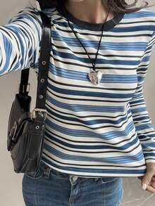 Livesso 女士休闲圆领条纹T恤，秋季款 - 藍色 - 查看 5