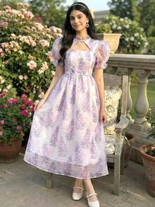 SHEIN Đầm chữ A tay phồng khoét eo, họa tiết hoa tím trắng, chất liệu organza, dành cho thiếu nữ, thanh lịch và duyên dáng. - Màu tím - Xem 4