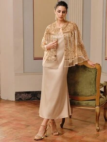 Anewsta Women's New Elegant Party Beaded Tie Shawl, Gold - Apricot - View 7