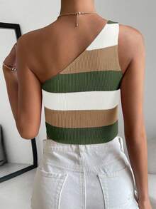 Chiquease Top de punto de un hombro corto con rayas de contraste, casual de verano - Multicolor - Ver 2