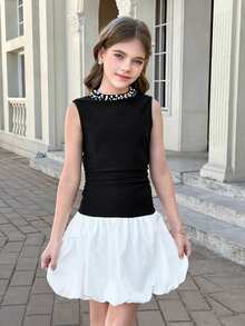SHEIN 女童优雅无袖撞色拼接串珠立领泡泡裙 - 黑與白 - 查看 5