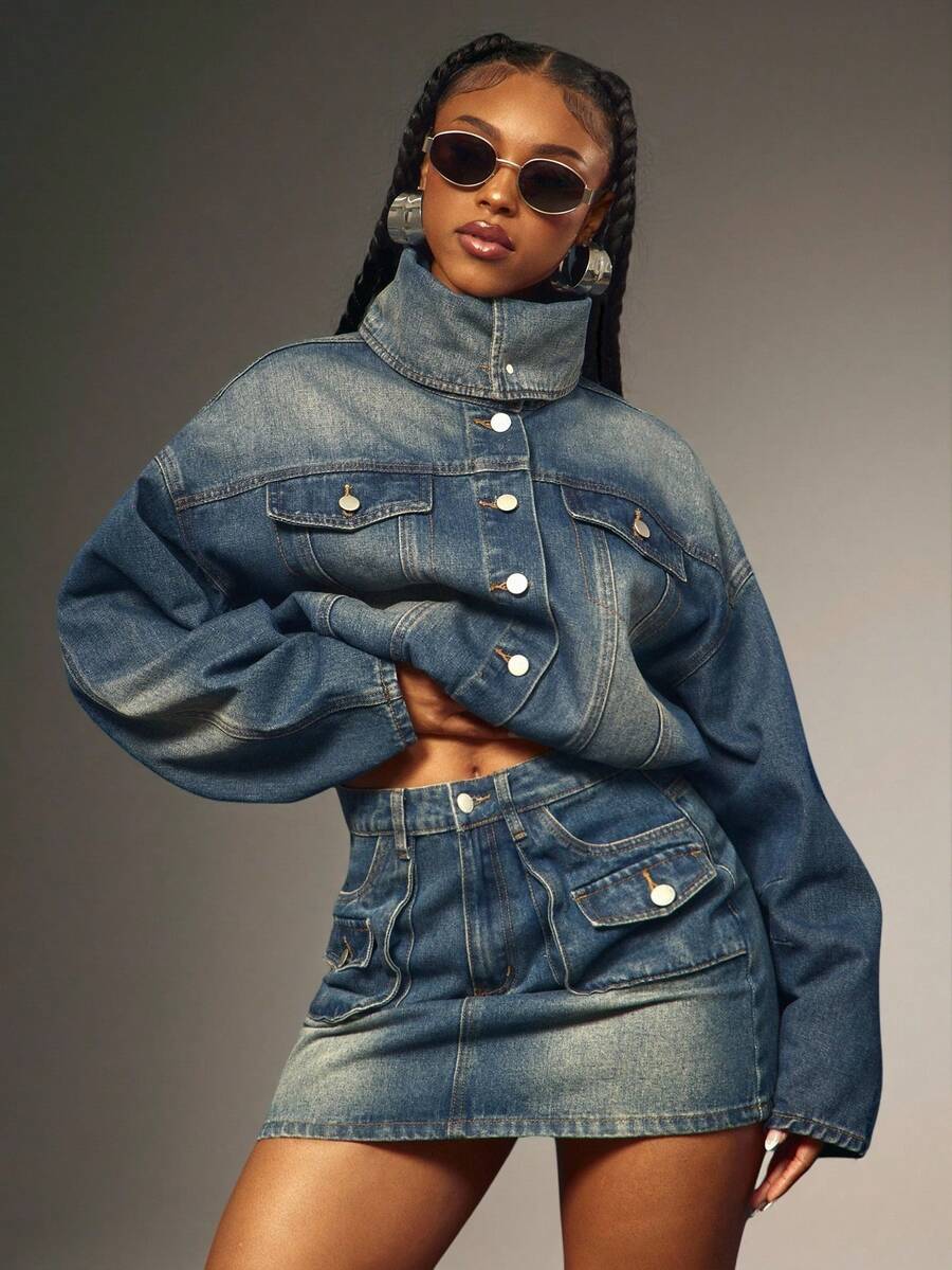 Denimoi High Neck Button Front Barrel Sleeve Gathered Waist Denim Jacket Fashion Cropped Denim Jacket - Medium Wash - View 1