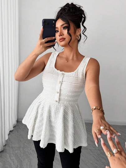 Elenzga Plus Size Women Elegant Textured Knit Elastic Camisole With Button Decor, Graceful Ruffle Textured Fabric, Suitable For Spring/Summer Vacation, Casual, Graduation, Holidays, Valentine's Day, Music Festivals, Mother's Day, Halloween, Thanksgiving, Easter, National Day, Dances, Dates, Parties, Weddings, Outings