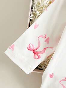 SHEIN 新生女宝宝可爱蝴蝶结印花针织柔软休闲圆领长袖连体衣，柔软舒适，适合情人节服装和礼物 - 粉色 - 查看 8