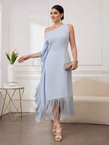 Al Najma Women's Fashion New Fringe Elegant Elegant Asymmetrical Neck Cinching Waist Dress - Blue and White - View 1
