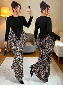 Elenzga Plus Size High Neck Long Sleeve Wrap Waist V-Cut Leopard Print Pleated Fishtail Dress, Elegant For Outings, Parties, Dates, And Formal Events - Multicolor - View 4