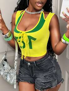 BamGleam 女士撞色字母印花露背吊带背心 - 黃色 - 查看 7