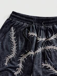 ROMWE MEN Goth Men's Centipede Embroidery Drawstring Waist Pocket Casual Shorts - Black - View 3