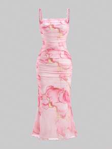 SHEIN Teen Girl Floral Print Mesh Ruched Cami Dress,Kids - Pink - View 12