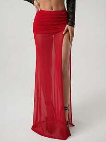 SHEIN ICON Chân váy nữ thời trang, gợi cảm, màu trơn, xẻ cao, chất liệu hơi xuyên thấu. - Đỏ - Xem 6