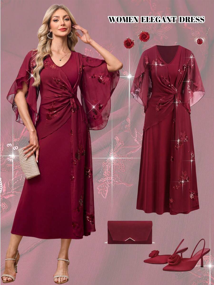 Ellevyn Women's Elegant Party Sequin Embroidery Twist Dress Valentines Day Dress Valentine's Day Valentine Outfits For Women   Bridesmaid Dress Wedding Guest Dress For Women  Wedding Guest Dress  Wedding Party Dress  Weddings & Events  Birthday Outfit For Women   Spring Outfit Women Summer Outfits   Jalabiya  Dress   Red Dress For Women