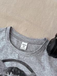 Áo thun nữ tuổi teen màu trắng dệt kim, kiểu dáng thường ngày, tay ngắn, cổ tròn, in hình mèo dễ thương, thích hợp mặc ở nhà, đi mua sắm, ăn trưa, dự tiệc. - Xám - Xem 3