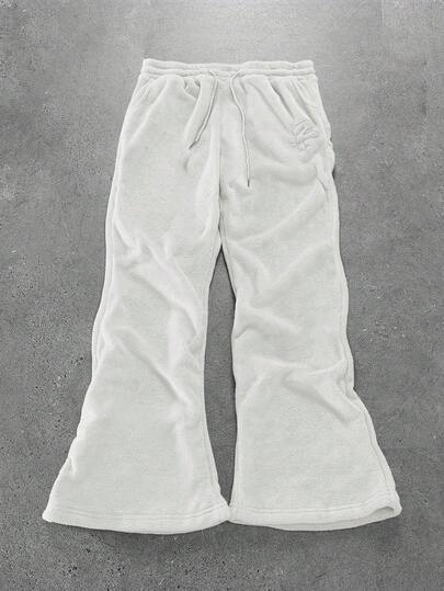 PAVTROS Pantalones de chándal con cordón en la cintura y bordado de letras para hombres, de felpa suave y cálida, de felpa coral