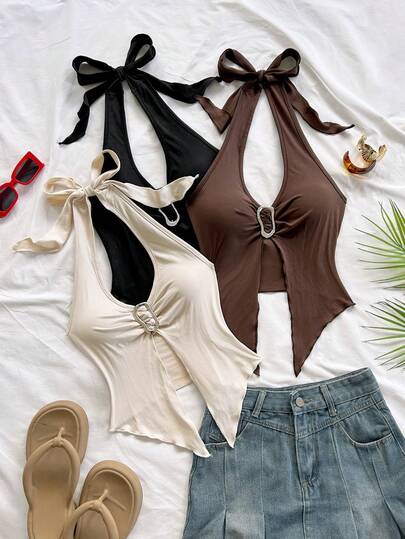 Soleia 3pcs Vacation Casual Halter Tie Metal Buckle Fitted Asymmetric Hem Women Camisole Tops, White, Black, Red, Suitable For Holiday, Date, Afternoon Tea, Vacation, Music Festival, Bohemian,Summer Outfits For Women