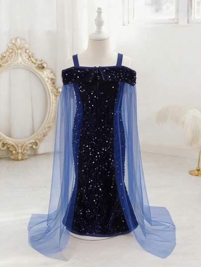 Glamorique Kids Young Girl'Elegant Royal Blue Summer 7th Birthday Wedding Party Dress,Formal Gown,Navy Blue Spaghetti Strap Off Shoulder Gauze Waist-Cinching Hem