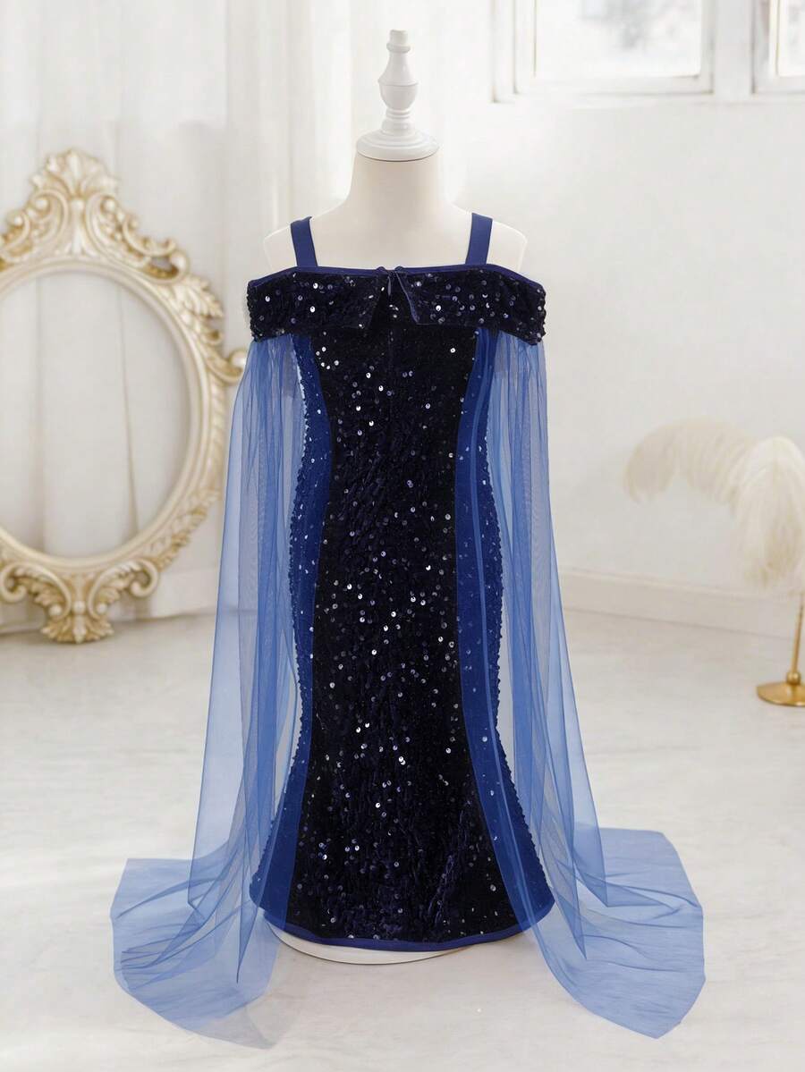 Glamorique Kids 年轻女孩优雅迷人可爱酒红色吊带露肩薄纱收腰鱼尾连衣裙，正式礼服 - 藏蓝色 - 查看 1