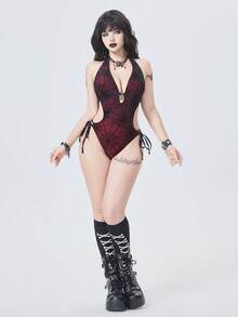 ROMWE 2026 Latest Spider Web Mesh Covered Crimson Fabric Chest Spider Pendant Accessory Necklace Design, Sexy Gothic Style Women One-Piece Swimsuit For Summer Beach, Pool Party Goth Swimsuit Gothic Swimwear Spiderweb Swimsuit Dark Aesthetic Swimwear Halter Swimsuit Red Swimsuit - Burgundy - View 5
