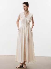 Aalyst Đầm maxi nữ màu trơn cổ chữ V, eo xếp ly, cạp chun điều chỉnh được, cài cúc phía trước, có túi, không tay, kiểu Pháp cổ điển thanh lịch, thích hợp cho công sở, đi làm, kinh doanh, thường ngày, nghỉ lễ, tiệc trà chiều, dạo phố, phong cách retro đơn giản, phong cách Úc thư giãn, bohemian, thường nhật, mùa xuân/hè. - Màu be - Xem 1