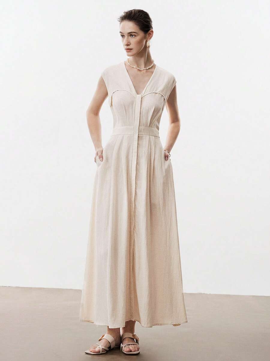 Aalyst Đầm maxi nữ màu trơn cổ chữ V, eo xếp ly, cạp chun điều chỉnh được, cài cúc phía trước, có túi, không tay, kiểu Pháp cổ điển thanh lịch, thích hợp cho công sở, đi làm, kinh doanh, thường ngày, nghỉ lễ, tiệc trà chiều, dạo phố, phong cách retro đơn giản, phong cách Úc thư giãn, bohemian, thường nhật, mùa xuân/hè. - Màu be - Xem 1