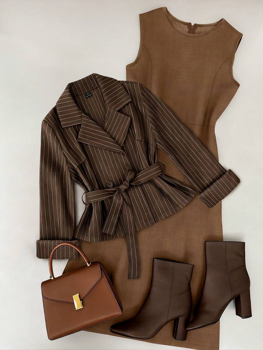 SHEIN Tall Ladies Weave An Elegant Summer Two Pieces Set For Vacation Commuting - Brown - View 1