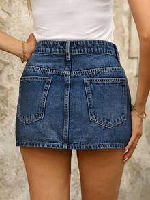 EMERY ROSE Women's Casual Washed Denim Asymmetric Pocket A-Line Skirt, Summer - Dark Wash - View 2