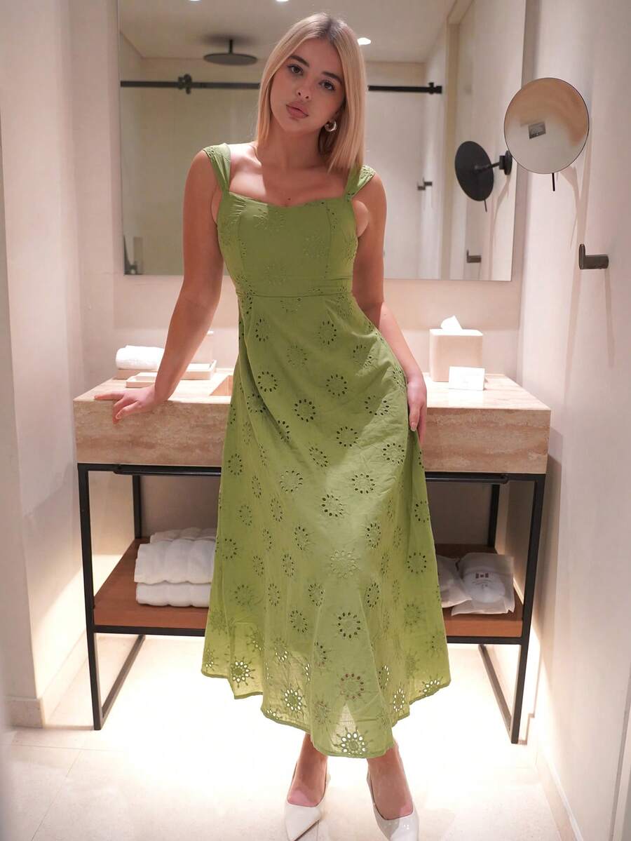 Livesso 女士纯色提花面料A字优雅收腰长款夏季度假连衣裙 复活节 - 綠色 - 查看 1