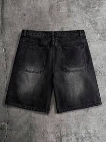 AXEPEAK Men's Washed Denim Shorts With Rhinestone Embellishment, Fashionable Knee-Length Pants - Black - View 2