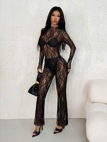 SHEIN PETITE 1pc Women Asymmetric Collar Sparkly Mesh Long Sleeve Fashion Top - Black - View 4