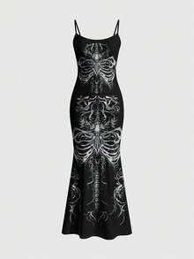 ROMWE Gothic Dark Mysterious Skeleton Snake Garden Hippie Sexy Goth Dark Mysterious Long Dress For Women - Black - View 1