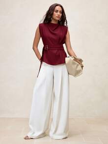 Arave 女士时尚高领不对称褶皱肩部无袖可调节腰部芥末黄上衣衬衫 - 酒紅色 - 查看 3