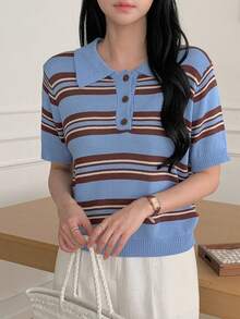 DAZY Women's Polo Collar Short Sleeve Striped Casual Pullover Sweater - Blue - View 1