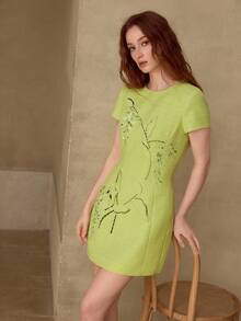 MOTF PREMIUM VESTIDO CORTO BORDADO CON LÁSER DELICADO, PRIMAVERA/VERANO - Verde - Ver 5