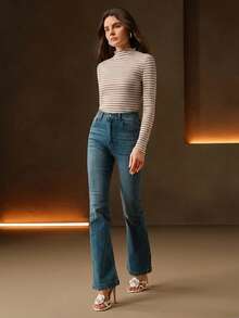 Anewsta 条纹优雅长袖荷叶边弹力女式T恤 - 巧克力棕 - 查看 4