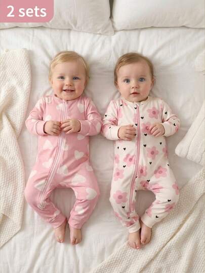 2pcs Baby Girls' Floral Print Long Sleeve Jumpsuit & Bodysuit Set, Snug Fit Baby Casual Zipper Romper Baby Girl Pajamas Zipper Baby Girl Sleep Wear
