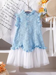 Girls (Small) Knitted Jacquard Ruffle Bow Patchwork White Mesh Princess Dress, Sweet & Cute, Elegant Girls Clothing - Blue - View 2
