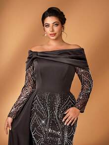 Serin 大码优雅奢华咖啡色露肩礼服，饰有串珠和亮片，褶皱袖，鱼尾裙摆，适合婚礼、派对、度假、舞会、新娘母亲晚礼服 - 咖啡棕 - 查看 2